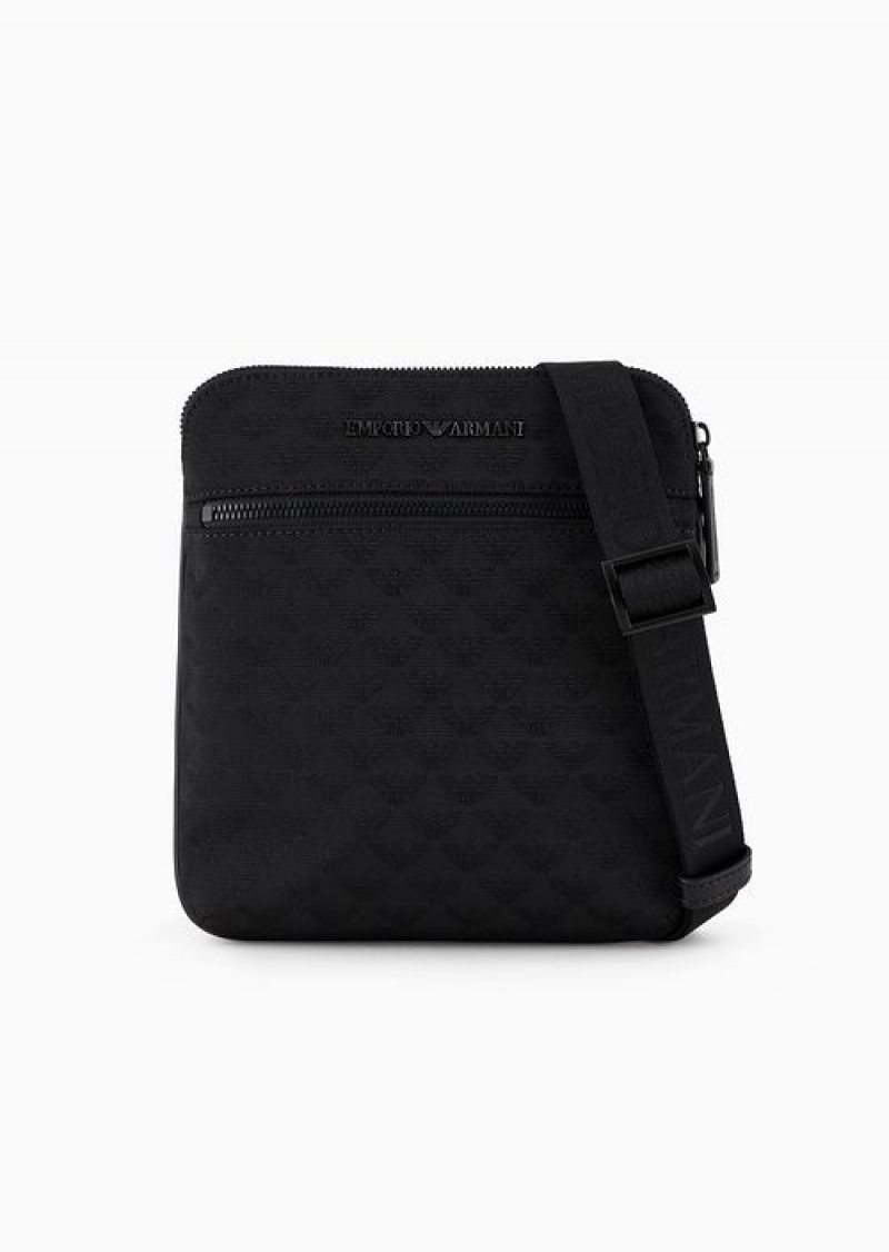 Black Emporio Armani Flat Nylon Shoulder Bag With All-over Jacquard Eagle | EA-SN59055