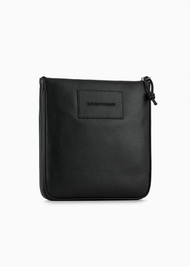 Black Emporio Armani Flat, Tumbled Leather Shoulder Bag | EA-SN59071