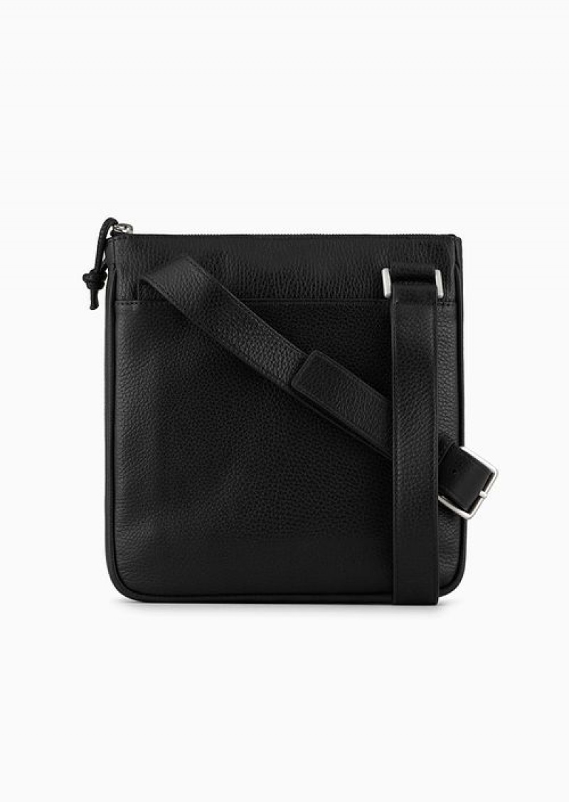 Black Emporio Armani Flat, Tumbled Leather Shoulder Bag | EA-SN59071