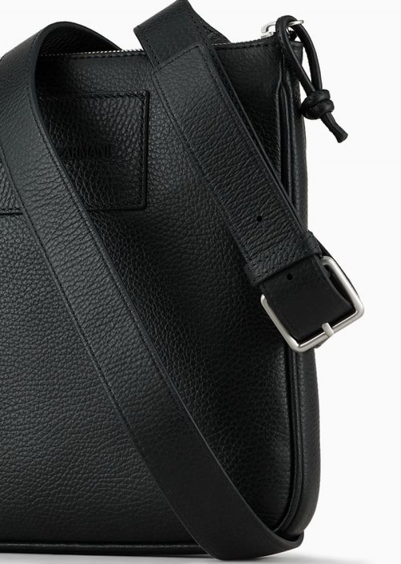 Black Emporio Armani Flat, Tumbled Leather Shoulder Bag | EA-SN59071