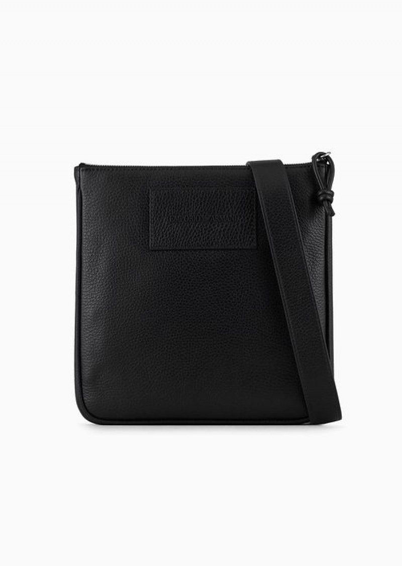 Black Emporio Armani Flat, Tumbled Leather Shoulder Bag | EA-SN59071