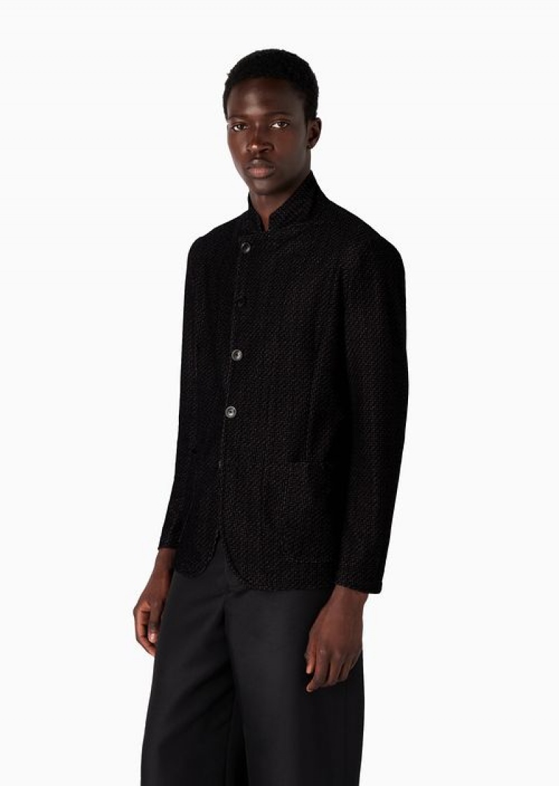 Black Emporio Armani Flocked Mesh Fabric Jacket With Guru Collar And Off-centre Fastening | EA-SN57790