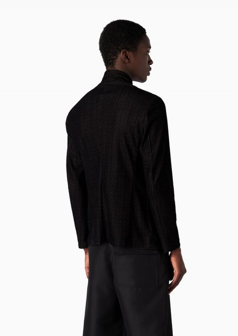 Black Emporio Armani Flocked Mesh Fabric Jacket With Guru Collar And Off-centre Fastening | EA-SN57790