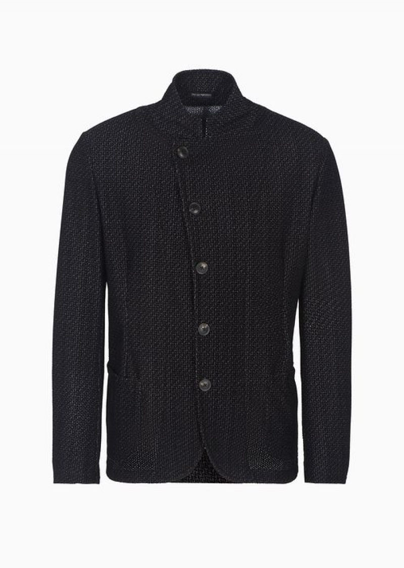 Black Emporio Armani Flocked Mesh Fabric Jacket With Guru Collar And Off-centre Fastening | EA-SN57790