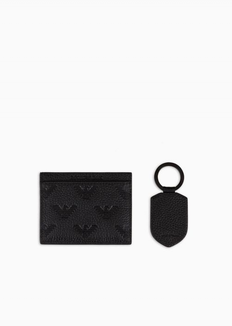 Black Emporio Armani Gift Box With Leather Wallet And Keyring With All-over Embossed Eagle | EA-SN59306