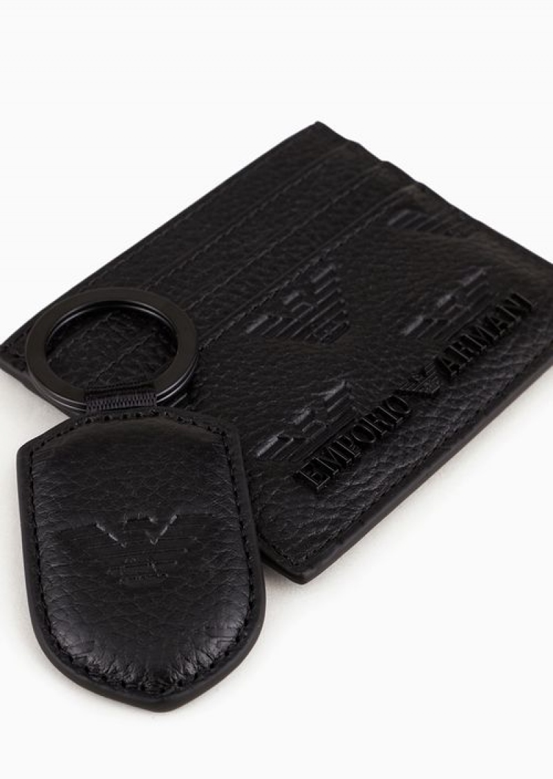 Black Emporio Armani Gift Box With Leather Wallet And Keyring With All-over Embossed Eagle | EA-SN59306