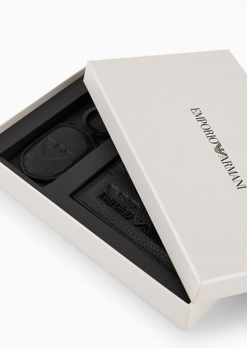 Black Emporio Armani Gift Box With Leather Wallet And Keyring With All-over Embossed Eagle | EA-SN59306