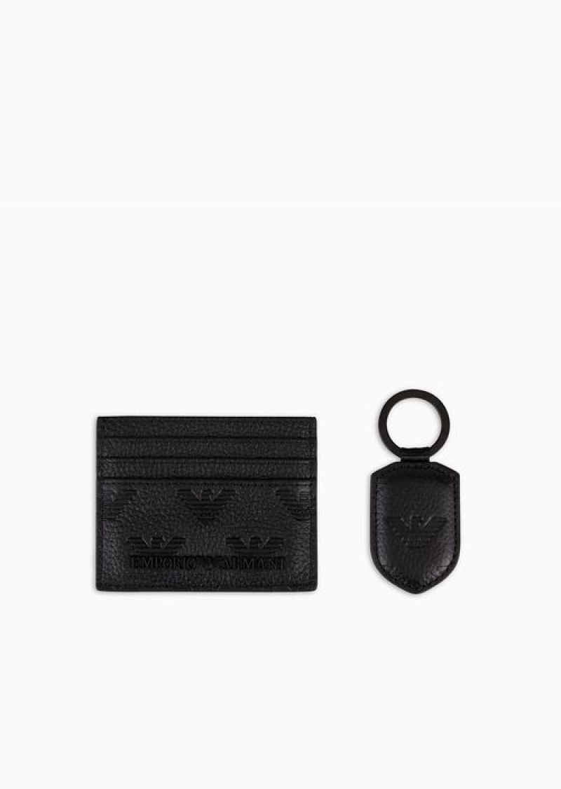 Black Emporio Armani Gift Box With Leather Wallet And Keyring With All-over Embossed Eagle | EA-SN59306