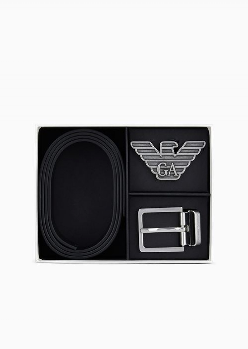 Black Emporio Armani Gift Box With Reversible Belt In Saffiano Leather And Interchangeable Buckle | EA-SN59153