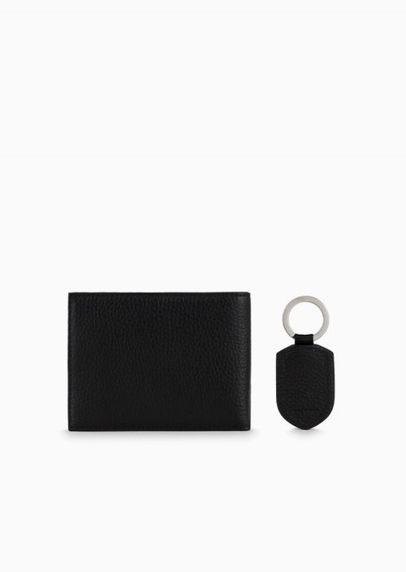 Black Emporio Armani Gift Box With Wallet And Keyring In Tumbled Leather | EA-SN59283