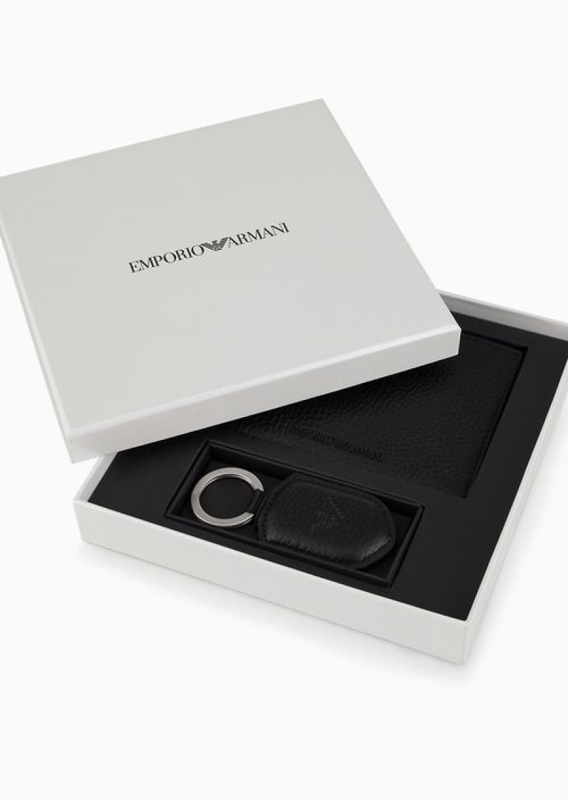 Black Emporio Armani Gift Box With Wallet And Keyring In Tumbled Leather | EA-SN59283