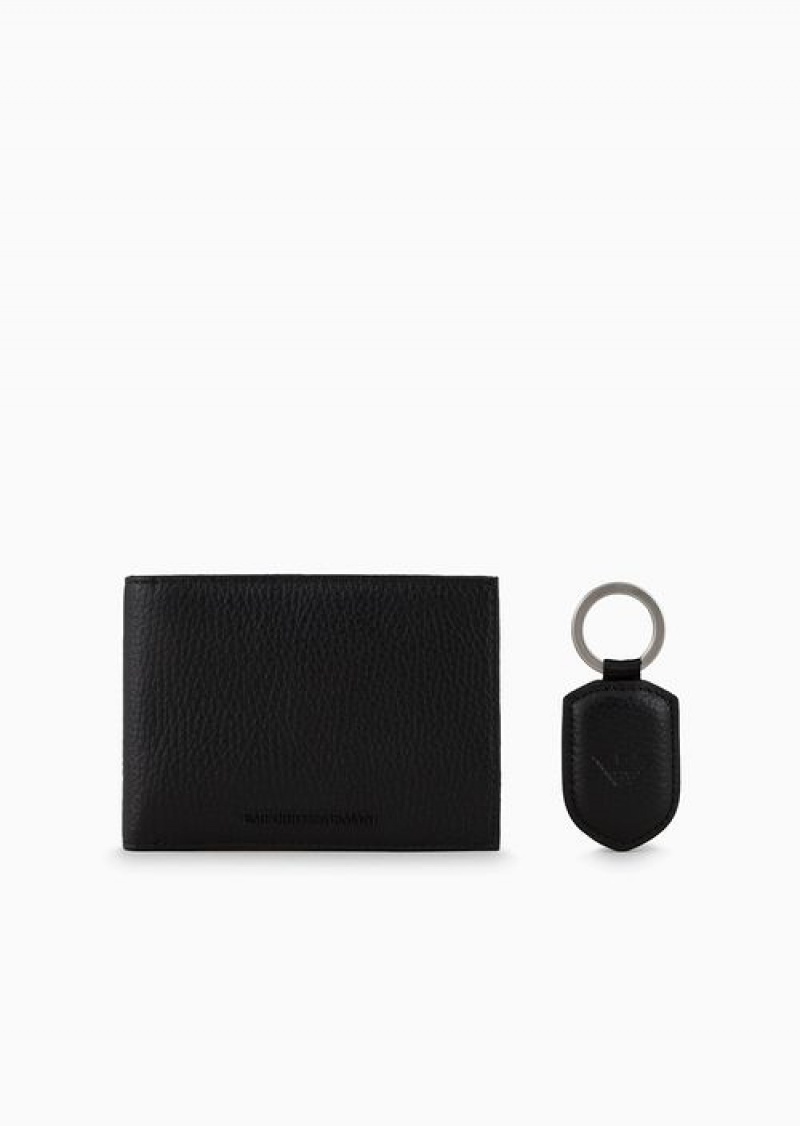 Black Emporio Armani Gift Box With Wallet And Keyring In Tumbled Leather | EA-SN59283