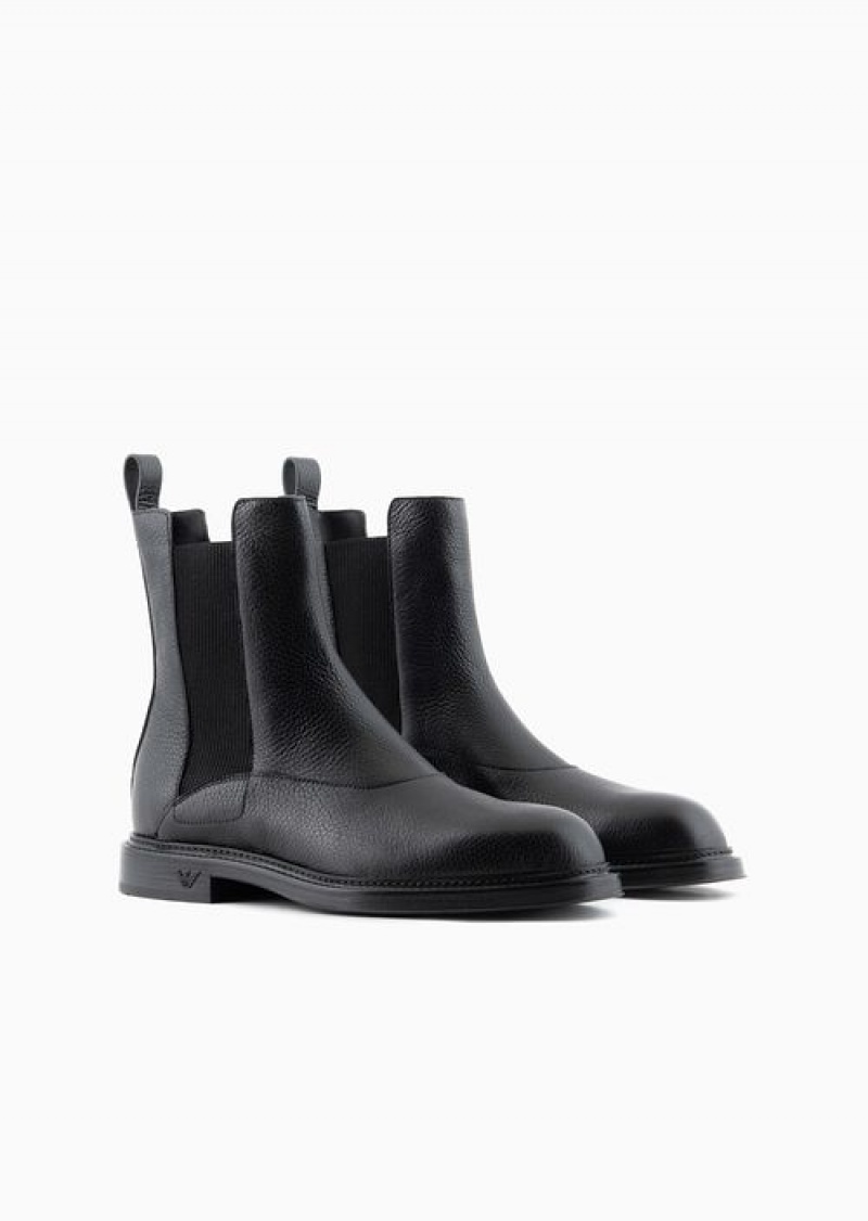 Black Emporio Armani Grained Leather Chelsea Boots | EA-SN58845