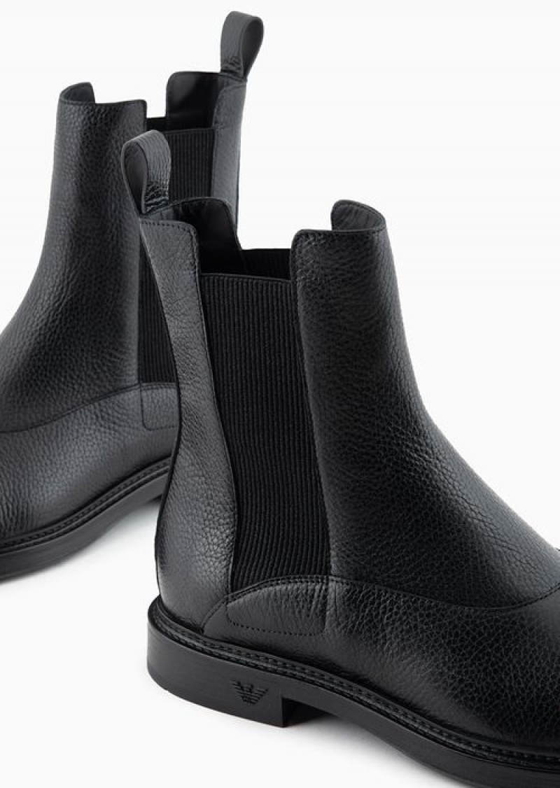 Black Emporio Armani Grained Leather Chelsea Boots | EA-SN58845