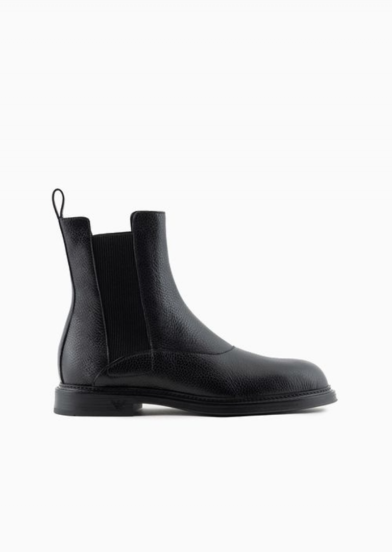 Black Emporio Armani Grained Leather Chelsea Boots | EA-SN58845