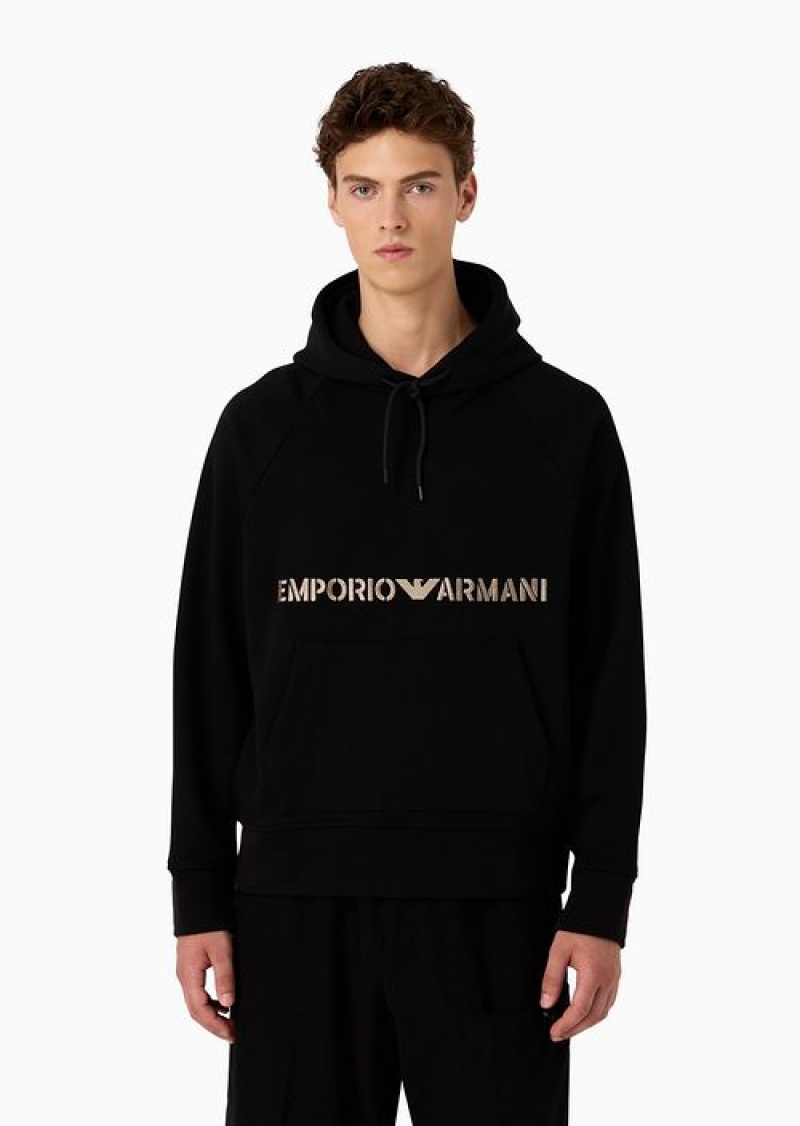 Black Emporio Armani Heavyweight Jersey Hooded Sweatshirt With Military-style Font Logo Embroidery | EA-SN58507