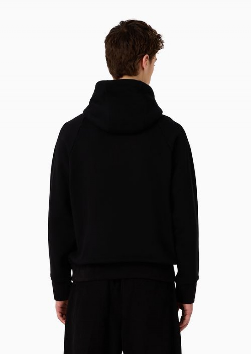 Black Emporio Armani Heavyweight Jersey Hooded Sweatshirt With Military-style Font Logo Embroidery | EA-SN58507