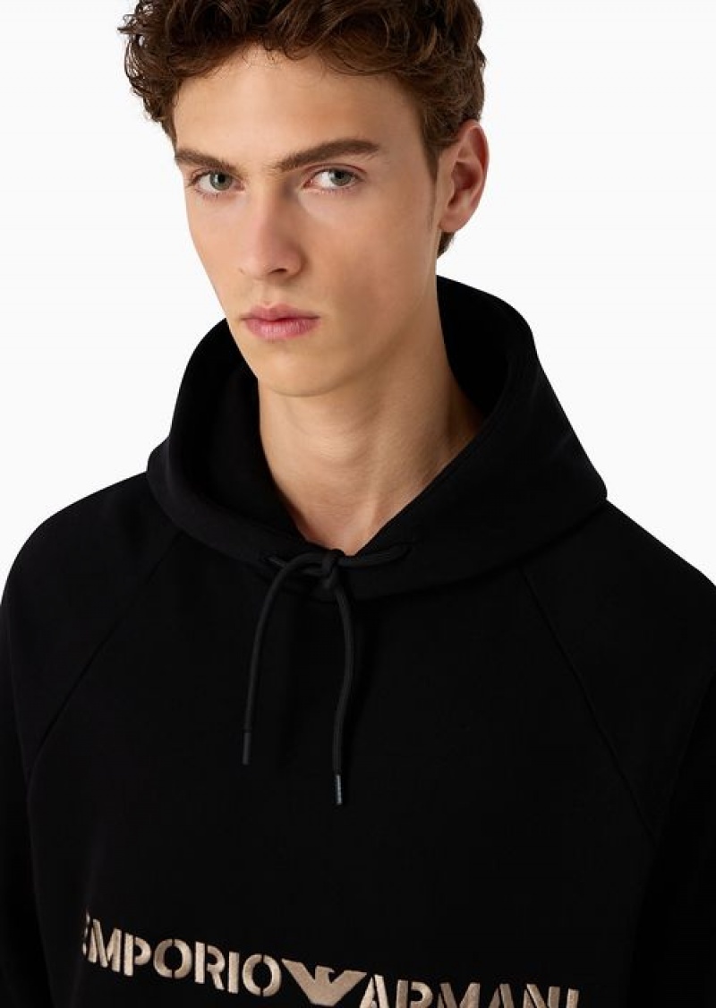 Black Emporio Armani Heavyweight Jersey Hooded Sweatshirt With Military-style Font Logo Embroidery | EA-SN58507