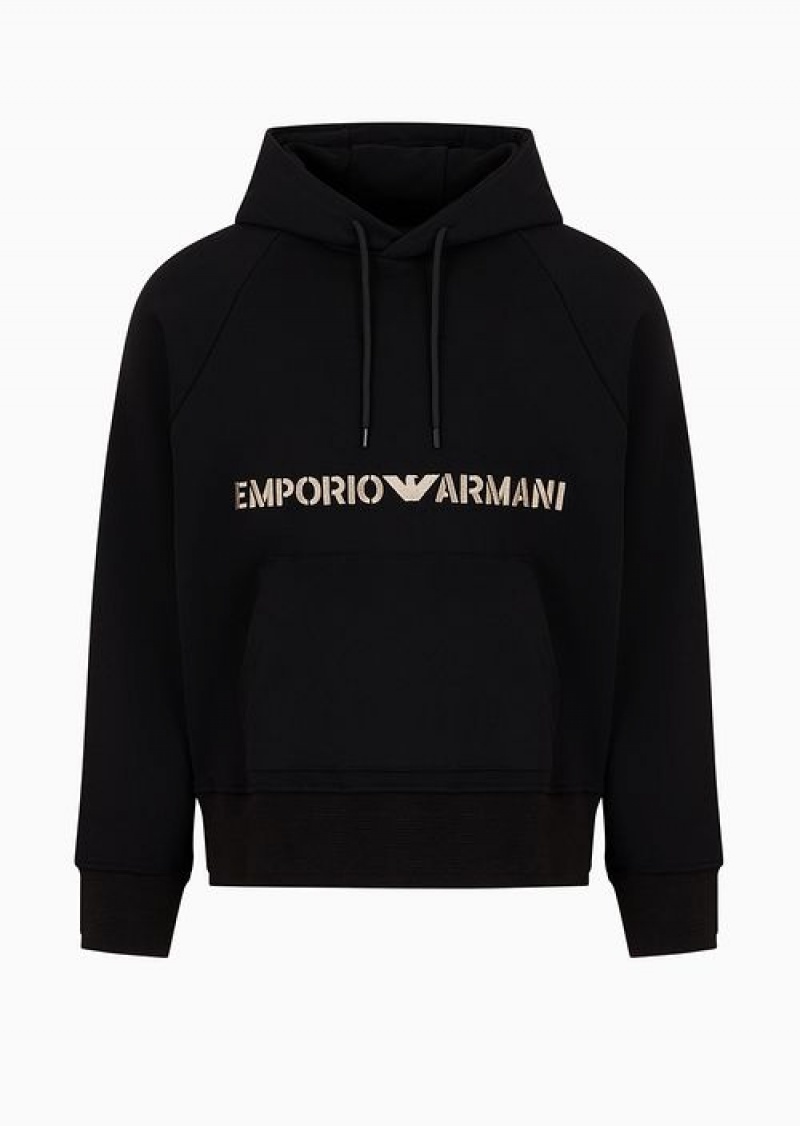 Black Emporio Armani Heavyweight Jersey Hooded Sweatshirt With Military-style Font Logo Embroidery | EA-SN58507