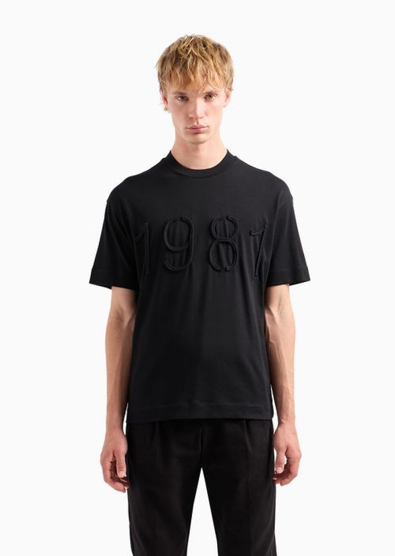 Black Emporio Armani Heavyweight Jersey T-shirt With Oversized, Raised Cord-effect Embroidery | EA-SN58608