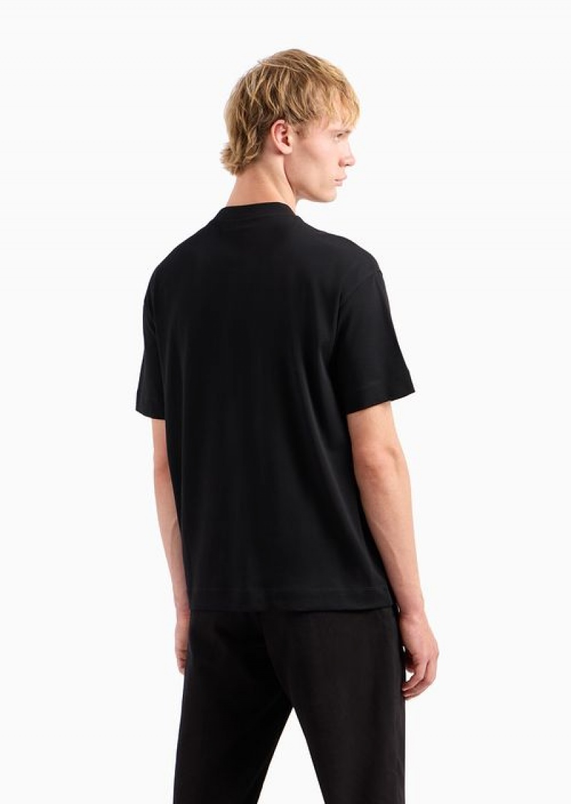 Black Emporio Armani Heavyweight Jersey T-shirt With Oversized, Raised Cord-effect Embroidery | EA-SN58608