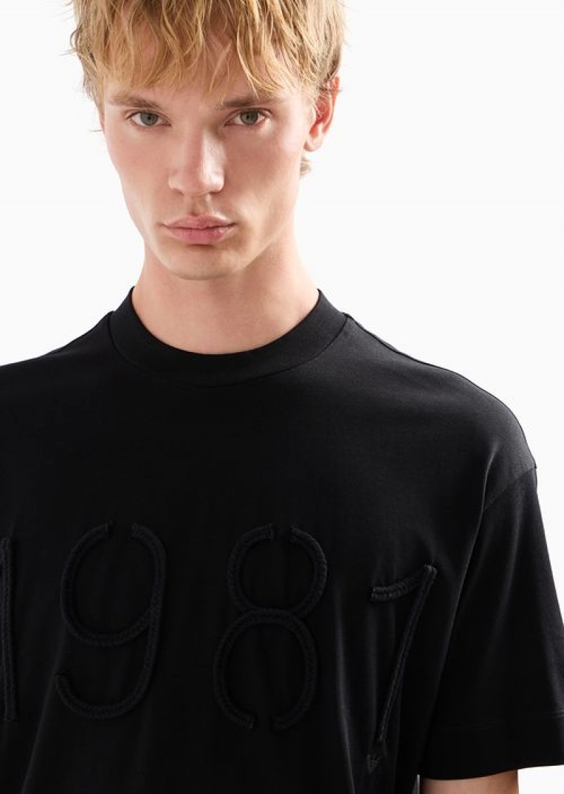 Black Emporio Armani Heavyweight Jersey T-shirt With Oversized, Raised Cord-effect Embroidery | EA-SN58608