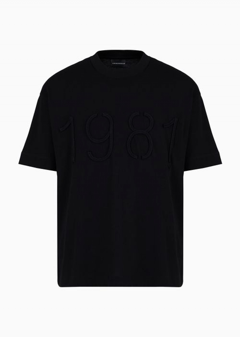 Black Emporio Armani Heavyweight Jersey T-shirt With Oversized, Raised Cord-effect Embroidery | EA-SN58608