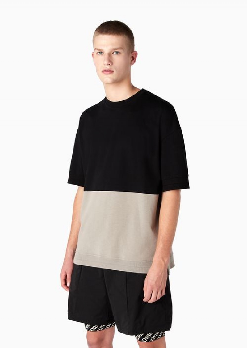 Black Emporio Armani Heavyweight Jersey Comfort-fit T-shirt With Colour-block Details | EA-SN58663