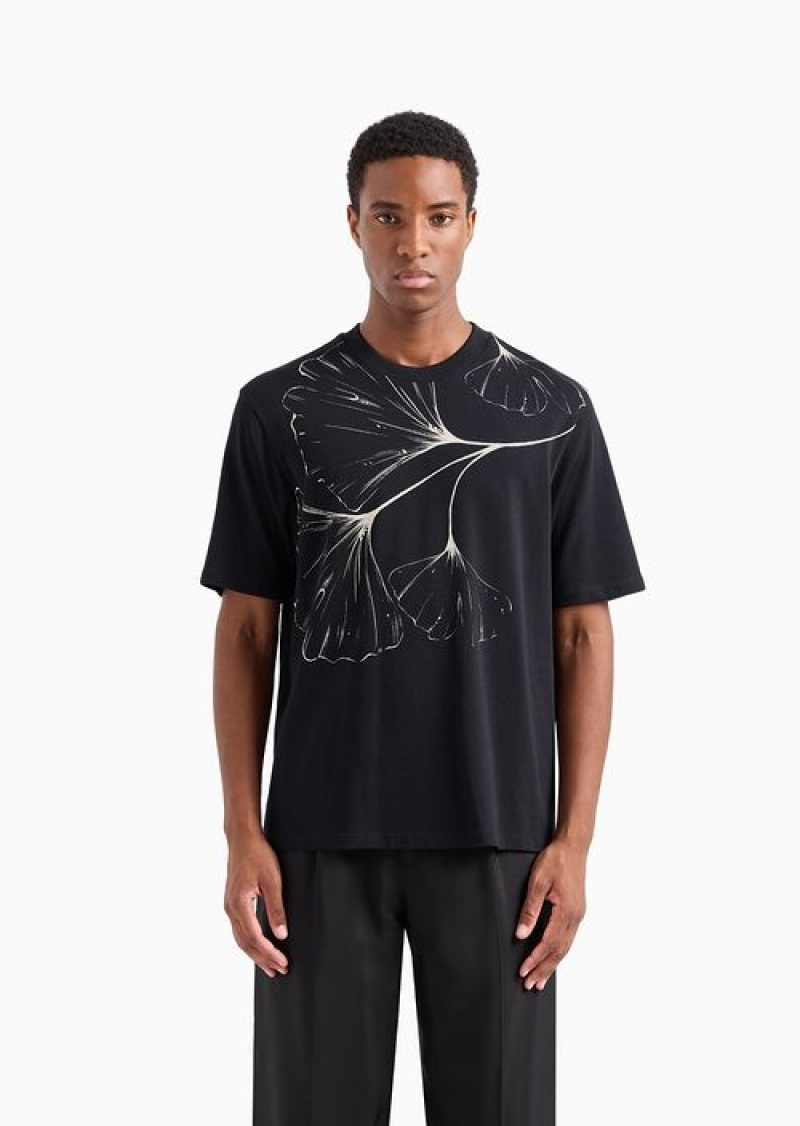 Black Emporio Armani Heavyweight Jersey T-shirt With Nature Print | EA-SN58766