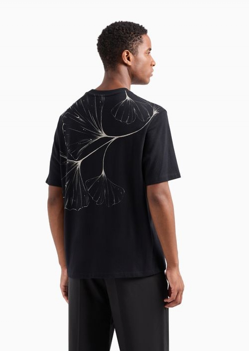 Black Emporio Armani Heavyweight Jersey T-shirt With Nature Print | EA-SN58766