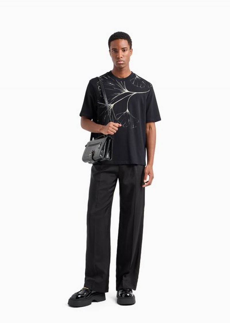 Black Emporio Armani Heavyweight Jersey T-shirt With Nature Print | EA-SN58766