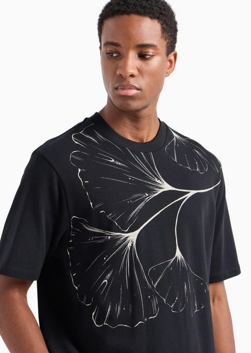 Black Emporio Armani Heavyweight Jersey T-shirt With Nature Print | EA-SN58766