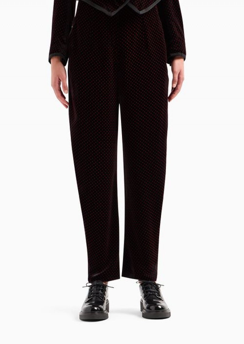 Black Emporio Armani High-waisted Trousers With An Oval Leg In Flocked Velvet With Micro Polka Dots | EA-SN56807