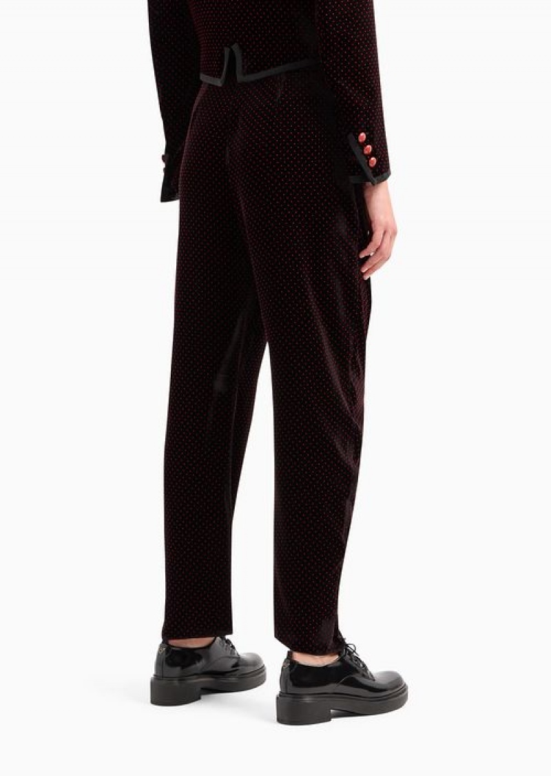 Black Emporio Armani High-waisted Trousers With An Oval Leg In Flocked Velvet With Micro Polka Dots | EA-SN56807