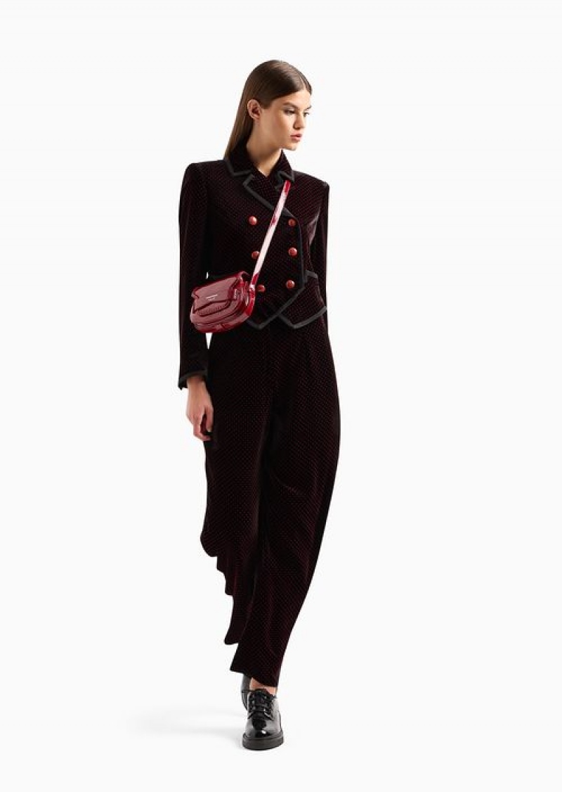 Black Emporio Armani High-waisted Trousers With An Oval Leg In Flocked Velvet With Micro Polka Dots | EA-SN56807