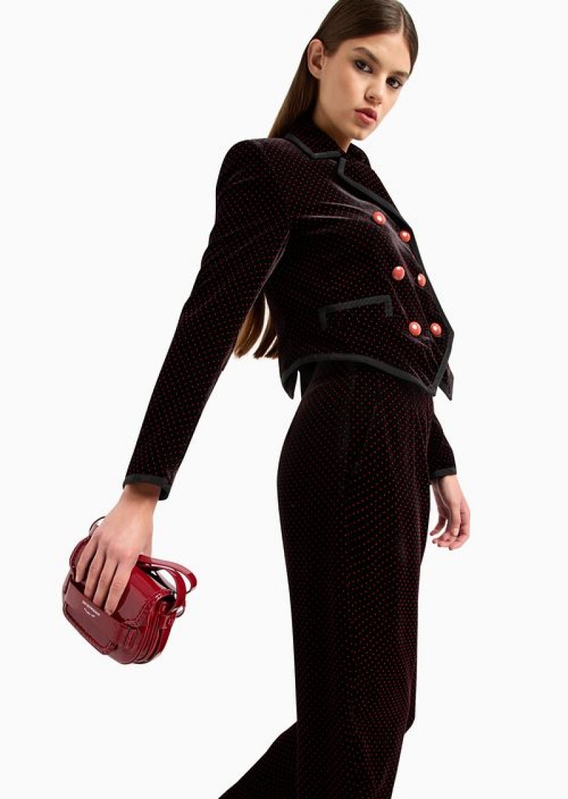 Black Emporio Armani High-waisted Trousers With An Oval Leg In Flocked Velvet With Micro Polka Dots | EA-SN56807