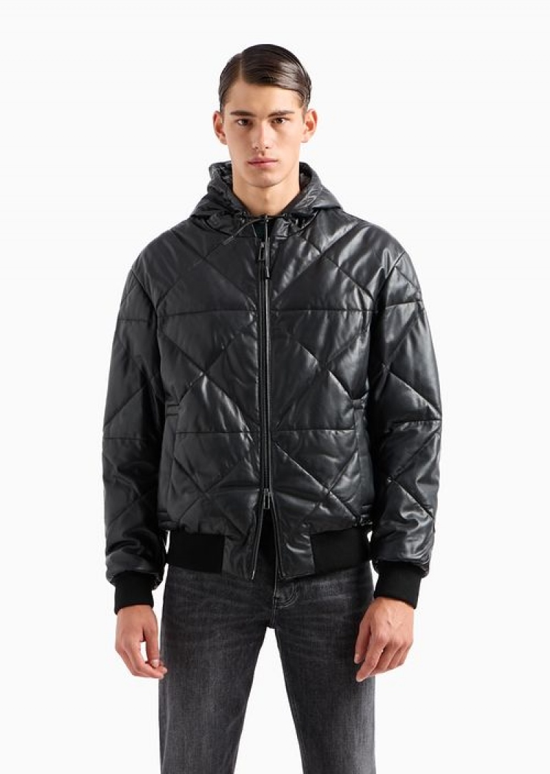 Black Emporio Armani Hooded Blouson In Quilted, Glove-quality Lambskin Nappa Leather | EA-SN58160