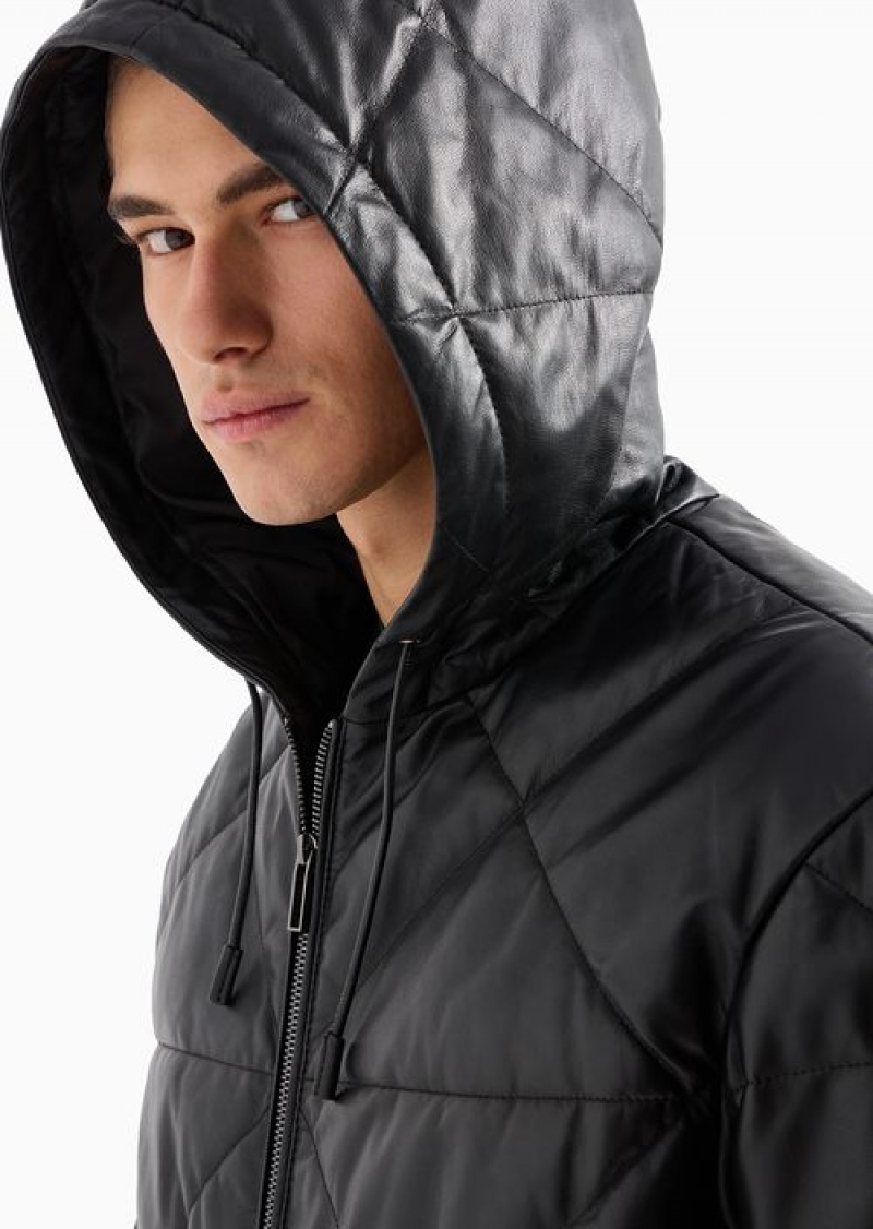 Black Emporio Armani Hooded Blouson In Quilted, Glove-quality Lambskin Nappa Leather | EA-SN58160