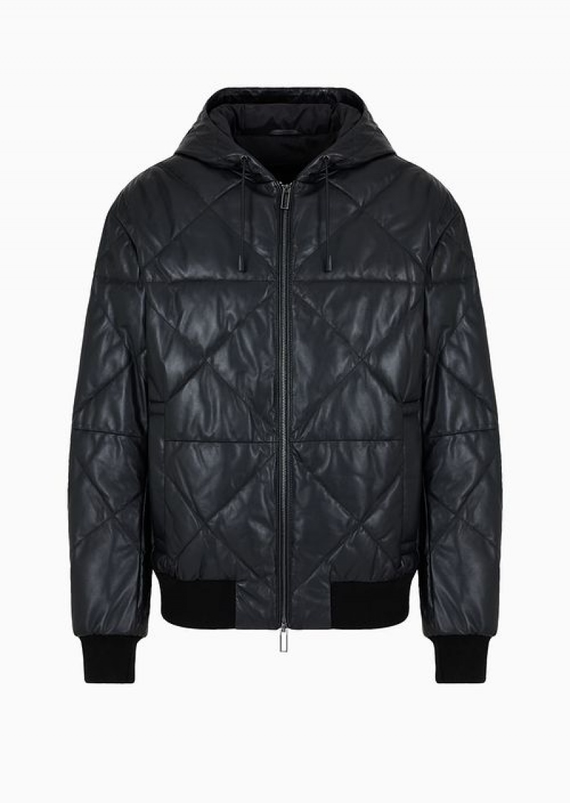 Black Emporio Armani Hooded Blouson In Quilted, Glove-quality Lambskin Nappa Leather | EA-SN58160