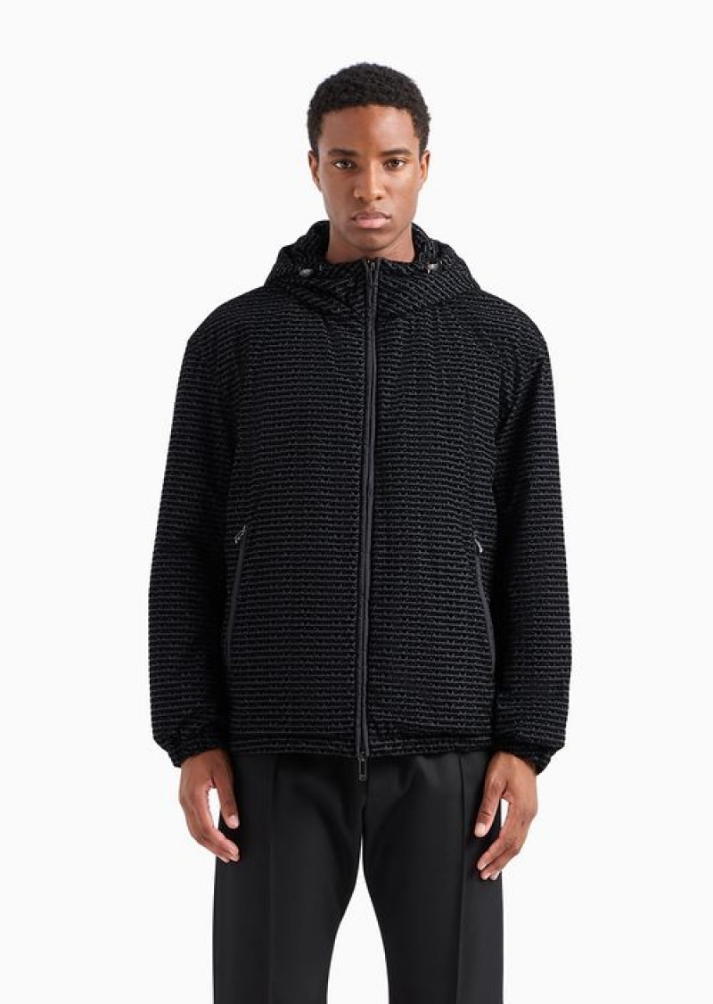 Black Emporio Armani Hooded Jacket In Crinkled Nylon With All-over Flocked Logo Lettering | EA-SN58251