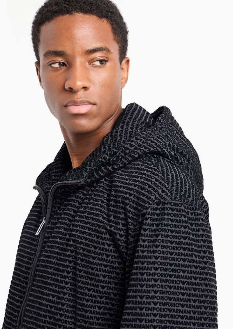 Black Emporio Armani Hooded Jacket In Crinkled Nylon With All-over Flocked Logo Lettering | EA-SN58251