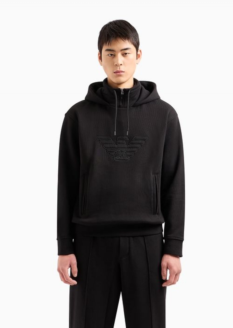 Black Emporio Armani Hooded Jersey Sweatshirt With Embossed Domed Logo | EA-SN58562