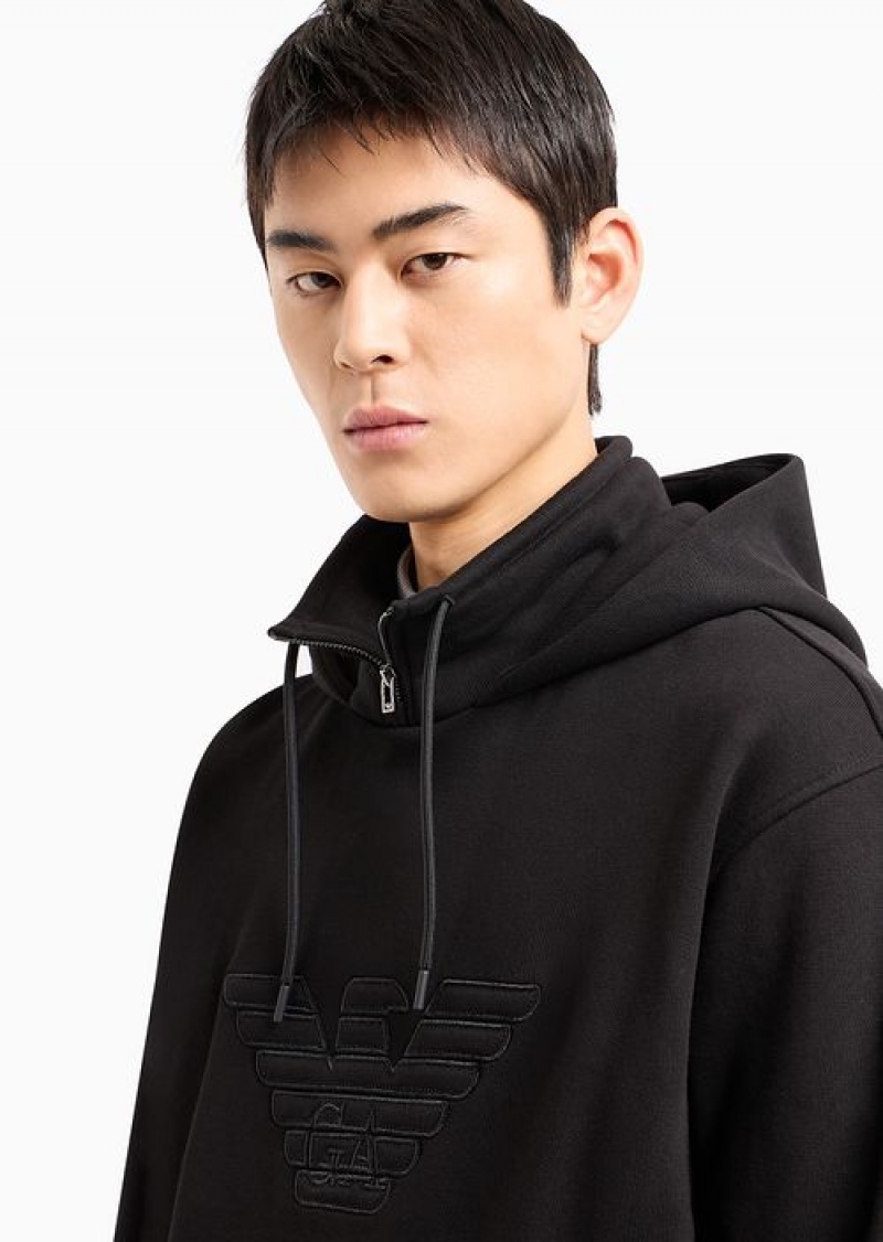 Black Emporio Armani Hooded Jersey Sweatshirt With Embossed Domed Logo | EA-SN58562