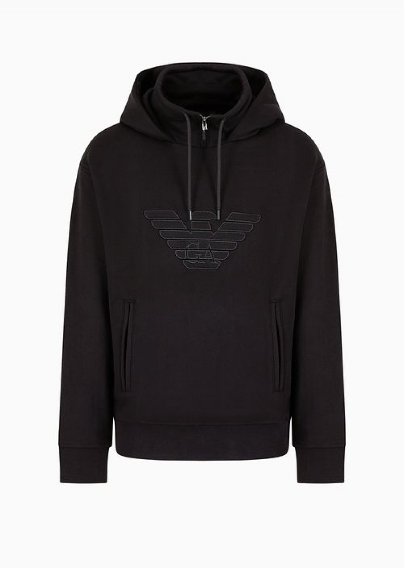 Black Emporio Armani Hooded Jersey Sweatshirt With Embossed Domed Logo | EA-SN58562