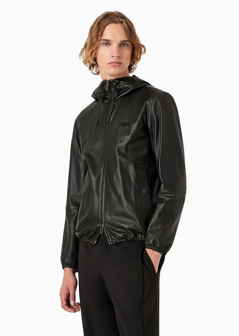 Black Emporio Armani Hooded, Semi-aniline Nappa Lambskin Blouson With Full-length Zip | EA-SN58154