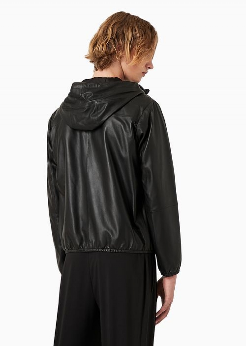 Black Emporio Armani Hooded, Semi-aniline Nappa Lambskin Blouson With Full-length Zip | EA-SN58154