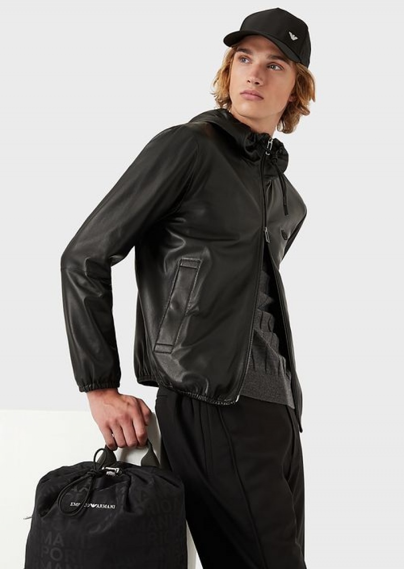 Black Emporio Armani Hooded, Semi-aniline Nappa Lambskin Blouson With Full-length Zip | EA-SN58154