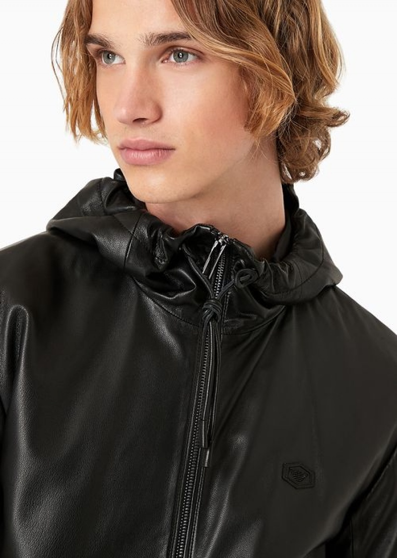 Black Emporio Armani Hooded, Semi-aniline Nappa Lambskin Blouson With Full-length Zip | EA-SN58154