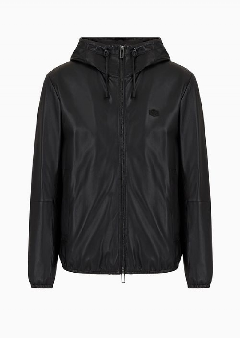 Black Emporio Armani Hooded, Semi-aniline Nappa Lambskin Blouson With Full-length Zip | EA-SN58154