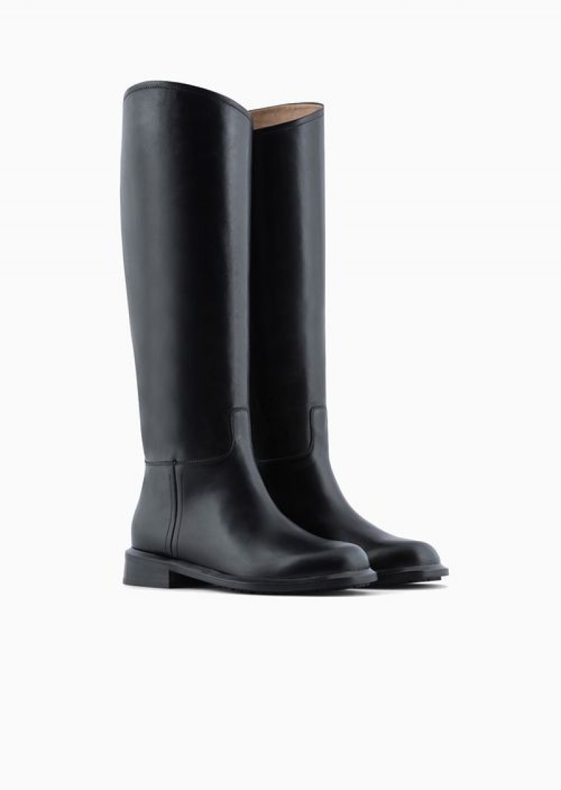 Black Emporio Armani Icon Glossy-leather Boots | EA-SN57108